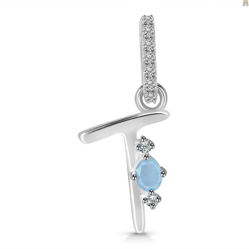 Aquamarine & White Topaz Alphabet T Pendant AQM-RDA-46.