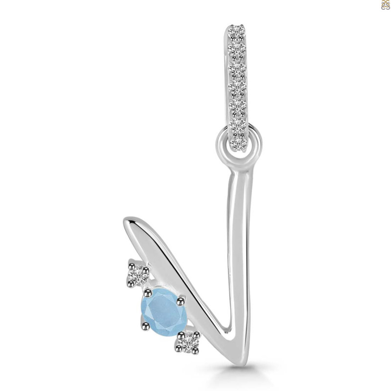 Aquamarine & White Topaz Alphabet V Pendant AQM-RDA-48.