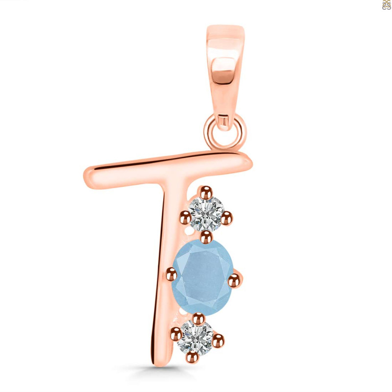 Aquamarine & White Topaz Alphabet T Pendant AQM-RDA-72.