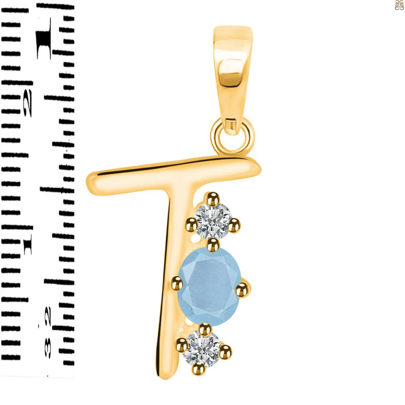Aquamarine & White Topaz Alphabet T Pendant AQM-RDA-72.