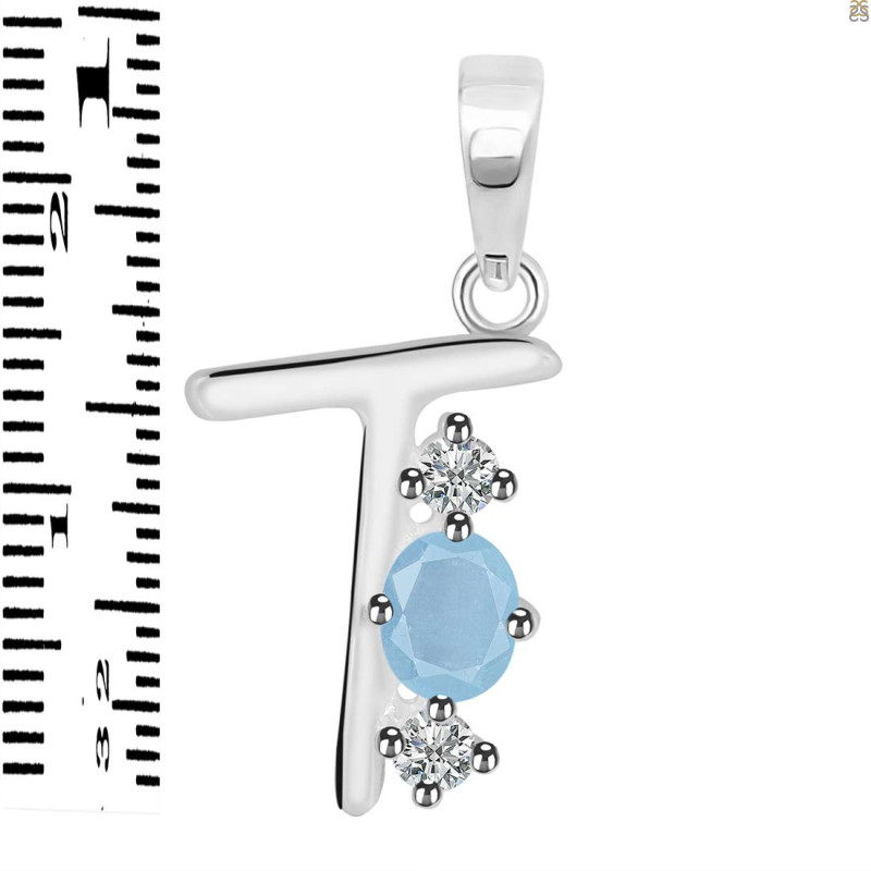 Aquamarine & White Topaz Alphabet T Pendant AQM-RDA-72.