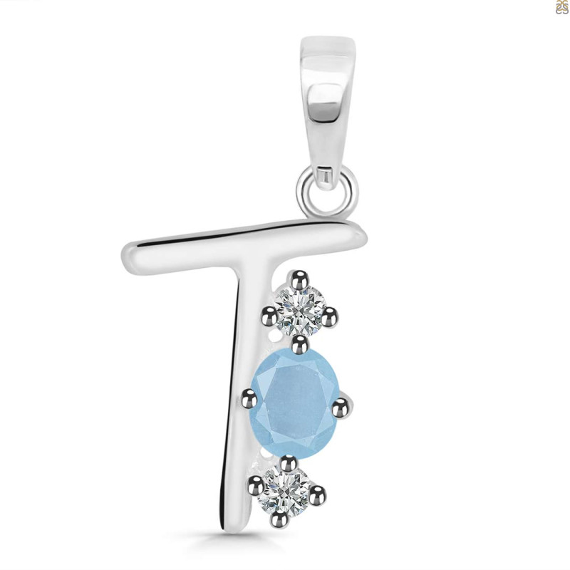 Aquamarine & White Topaz Alphabet T Pendant AQM-RDA-72.
