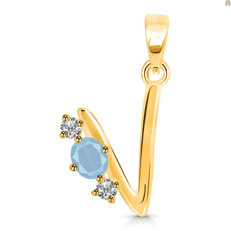 Aquamarine & White Topaz Alphabet V Pendant AQM-RDA-74.