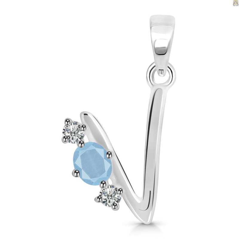Aquamarine & White Topaz Alphabet V Pendant AQM-RDA-74.