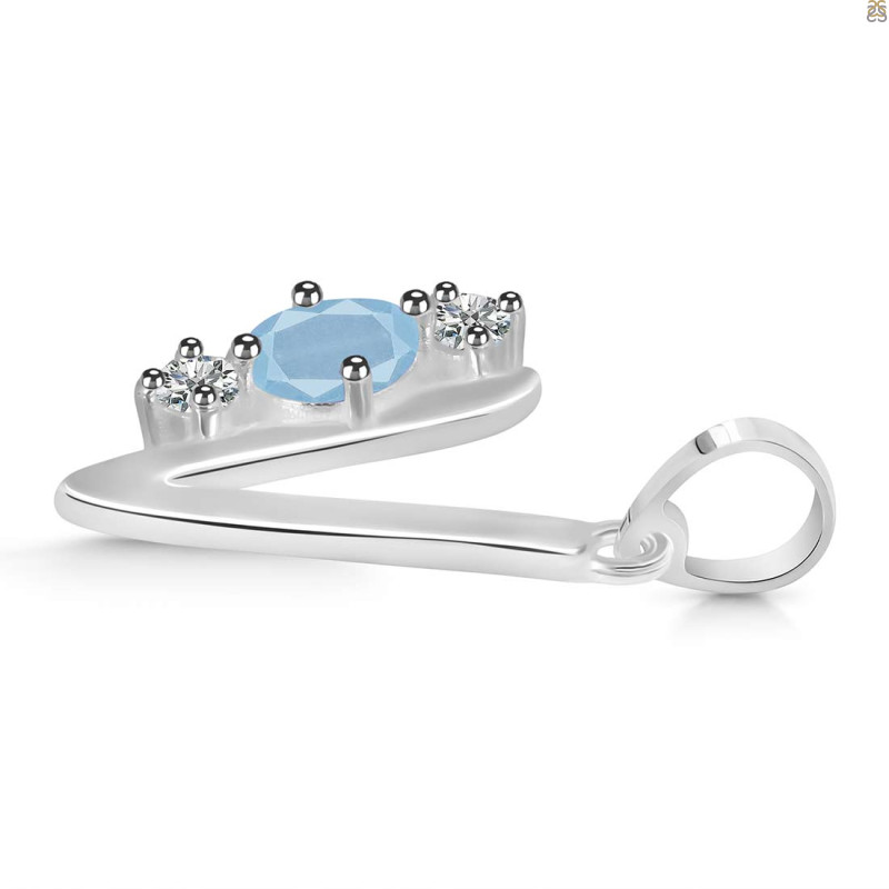 Aquamarine & White Topaz Alphabet V Pendant