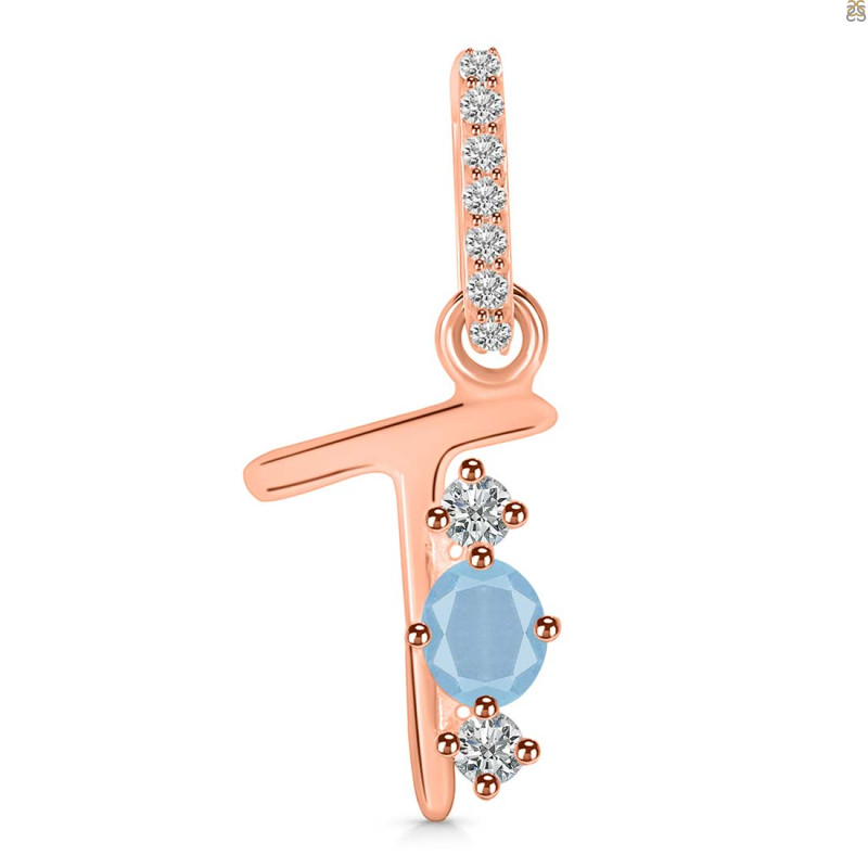 Aquamarine & White Topaz Alphabet T Pendant AQM-RDA-98.