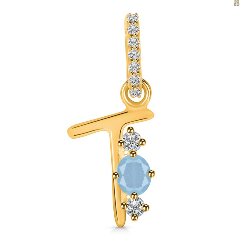 Aquamarine & White Topaz Alphabet T Pendant AQM-RDA-98.