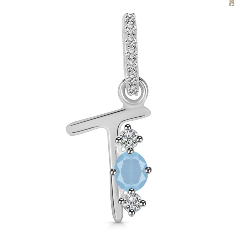 Aquamarine & White Topaz Alphabet T Pendant AQM-RDA-98.