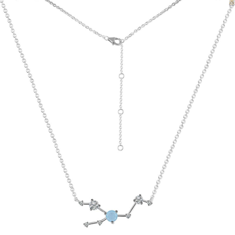 Taurus Zodiac Star Constellation Aquamarine & White Topaz Necklace