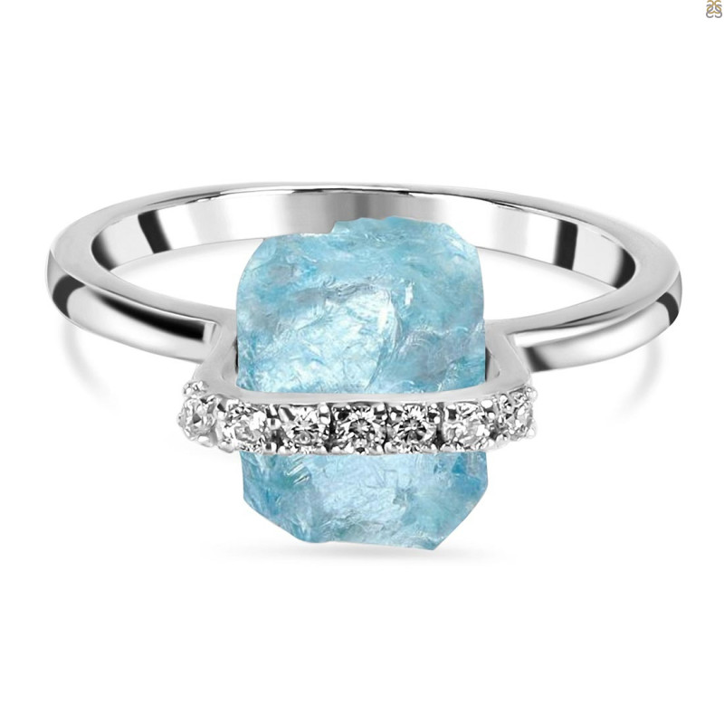 Aquamarine Raw Crystal & White Topaz Ring AQM-RR-381.