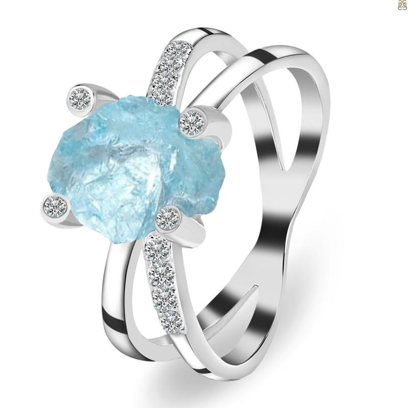 Aquamarine Raw Crystal & White Topaz Ring