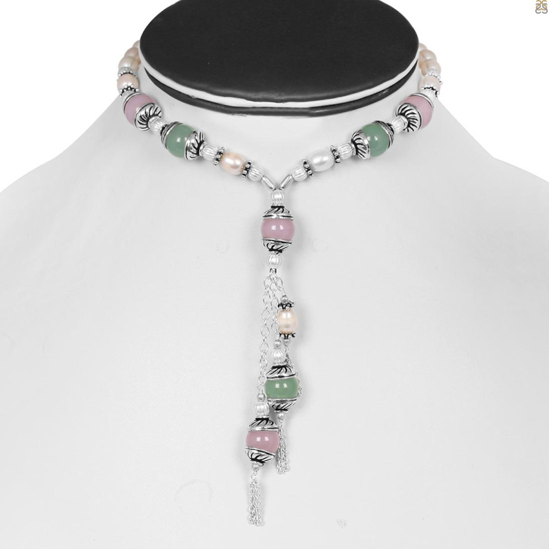 Pearl/Pink Jade/Green Aventurine Beaded Necklace BDD-12-1605