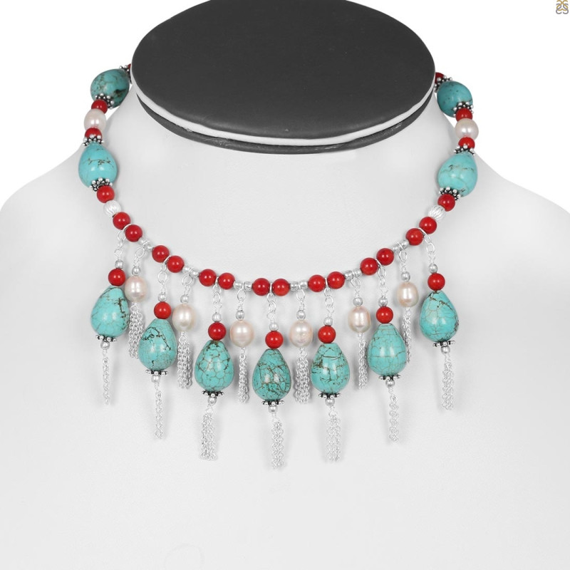 Turquoise/Red Coral/Pearl Beaded Necklace BDD-12-1608