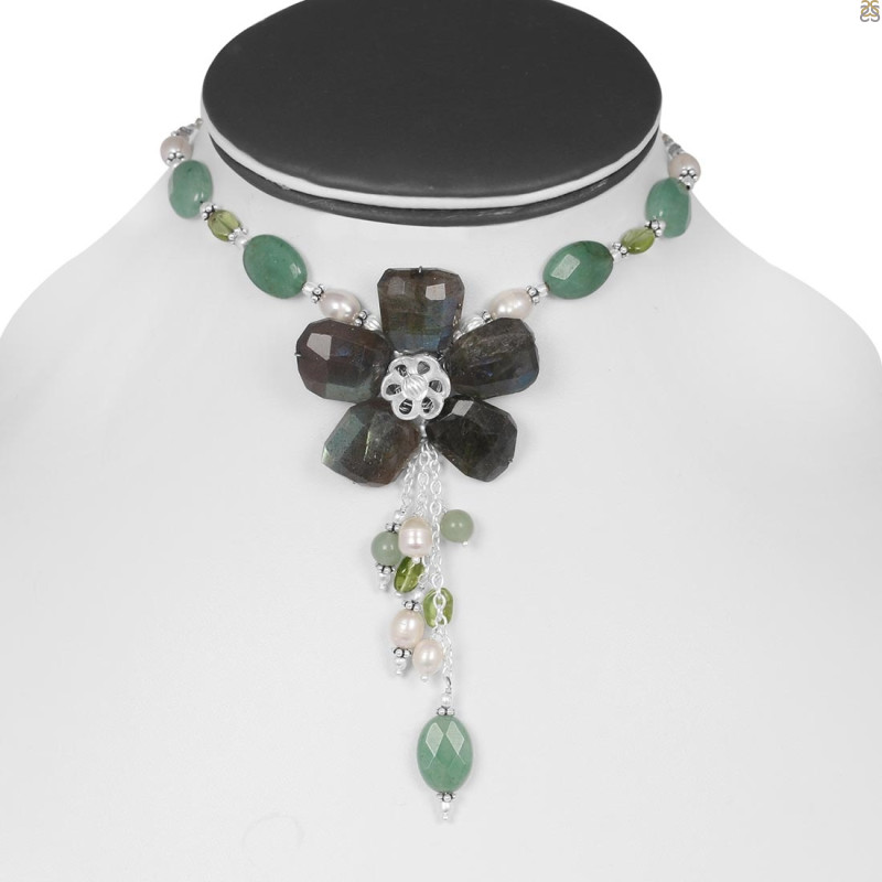 Labradorite/Green Aventurine/Peridot/Pearl Beaded Necklace BDD-12-1610