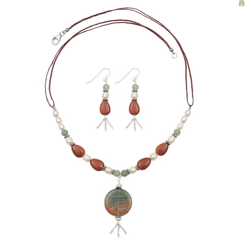 SunStone/Pearl/Green Jasper Beaded Jewelry Set BDD-12-1614