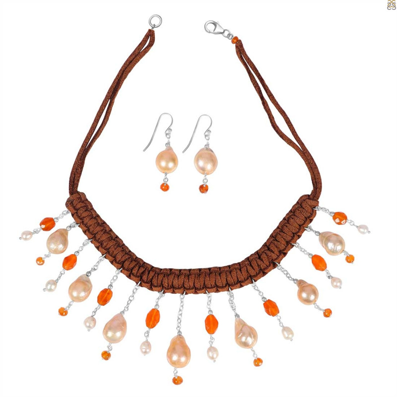 Biwa Pearl/Carnelian Beaded  Jewelry Set BDD-12-1619