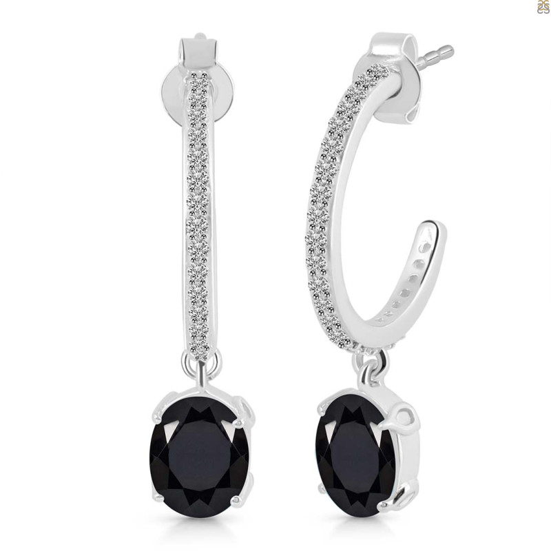 Black Tourmaline & White Topaz Hoop Earring BLS-RDE-1469.