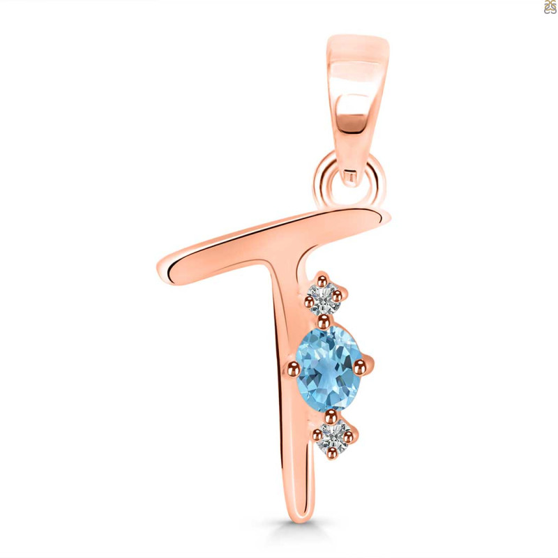 Blue Topaz & White Topaz Alphabet T Pendant BTZ-RDA-20.