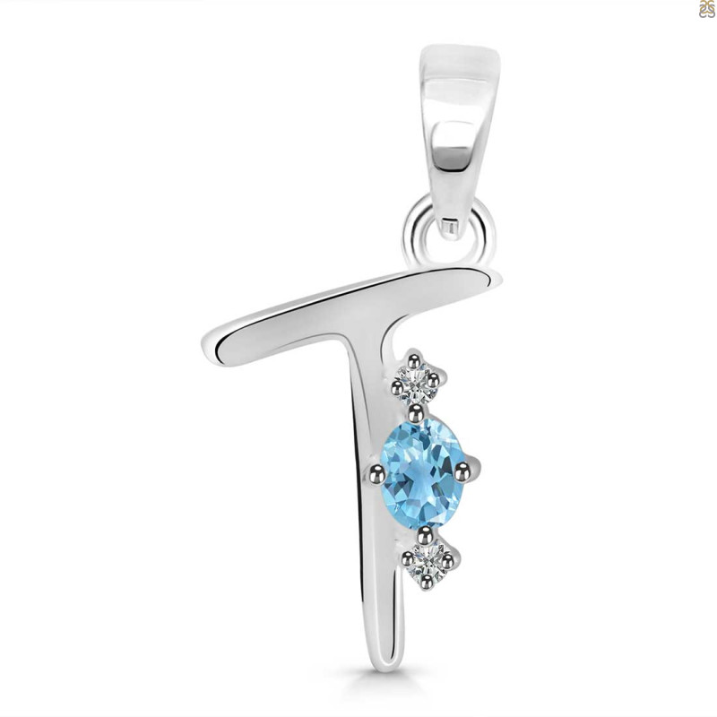 Blue Topaz & White Topaz Alphabet T Pendant BTZ-RDA-20.