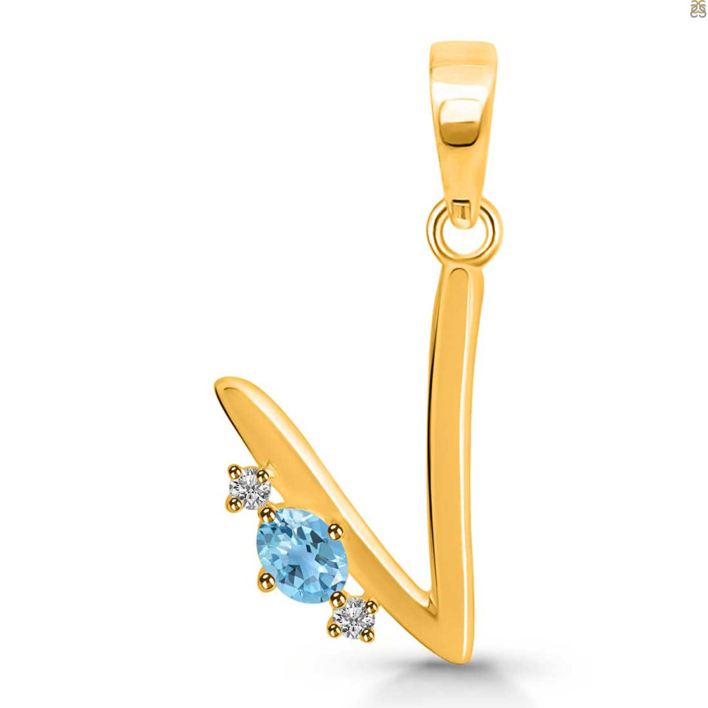 Blue Topaz & White Topaz Alphabet V Pendant BTZ-RDA-22.