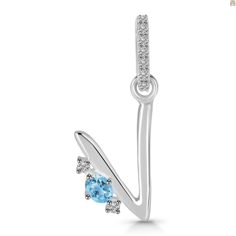 Blue Topaz & White Topaz Alphabet V Pendant BTZ-RDA-48.
