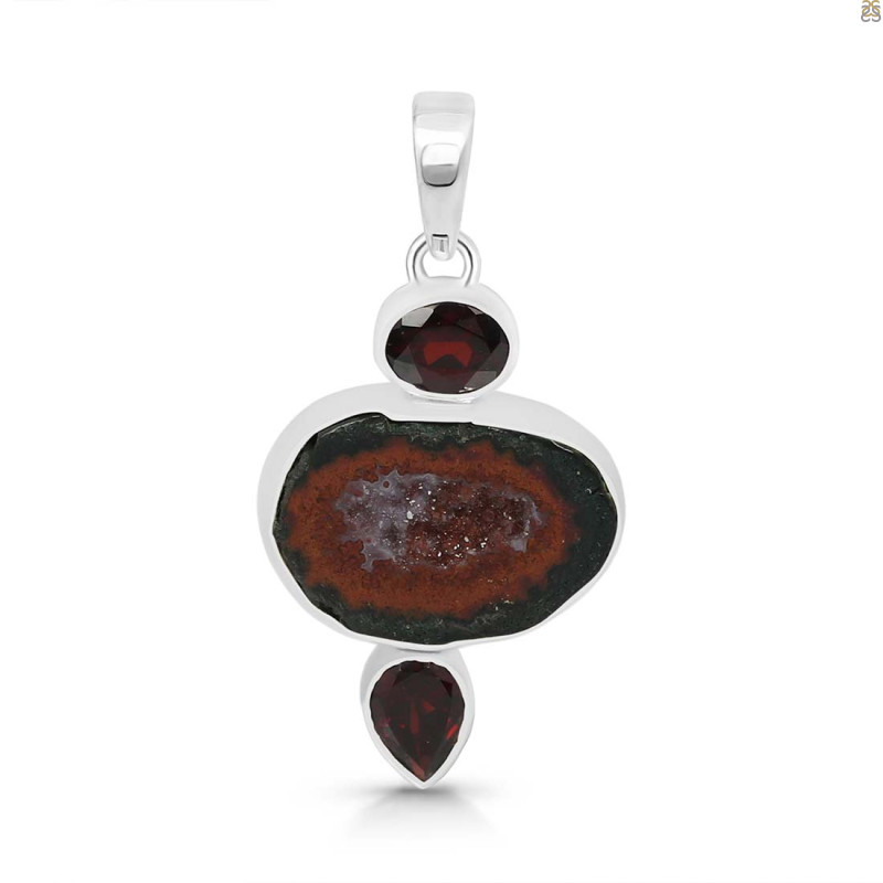 Coconut Geode/Garnet Pendant-2SP CCG-1-63