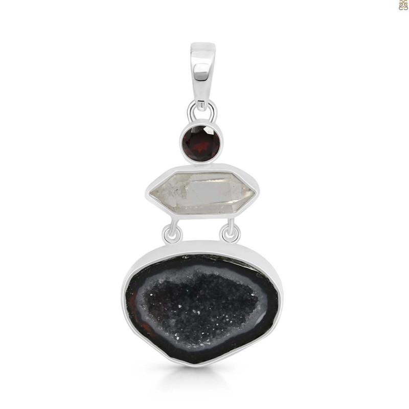 Coconut Geode/Crystal Quartz/Garnet Pendant-2SP CCG-1-66
