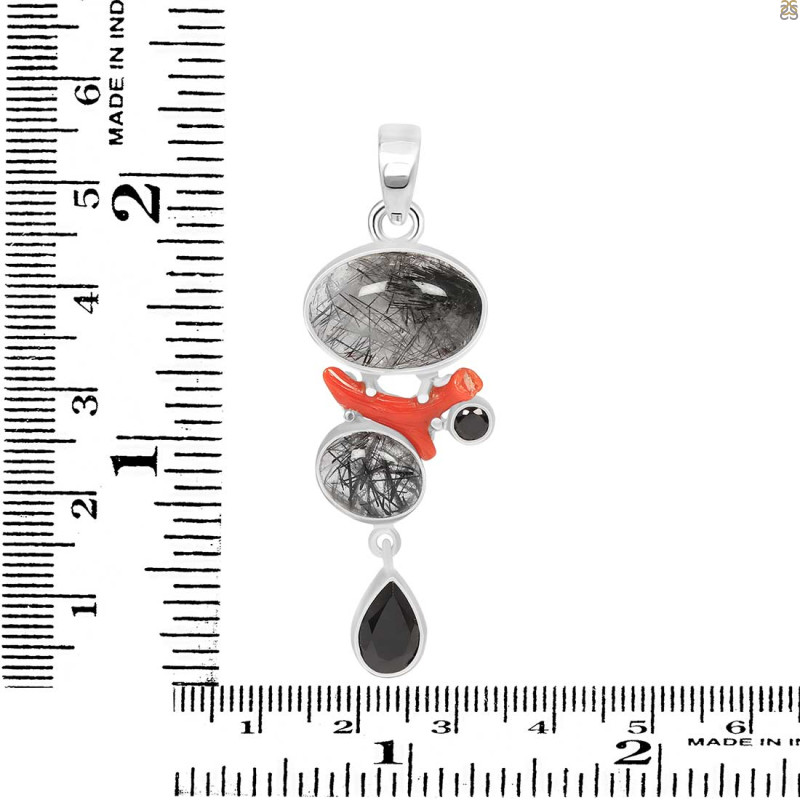 Red Coral/Black Rutile/Black Spinel Pendant-2SP COR-1-123