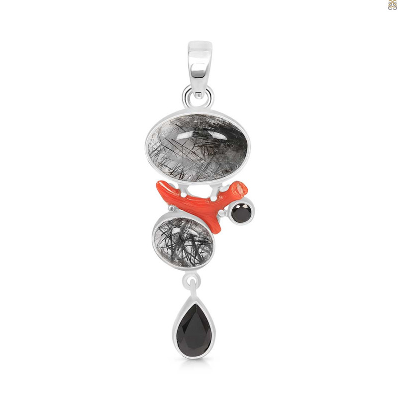Red Coral/Black Rutile/Black Spinel Pendant-2SP COR-1-123