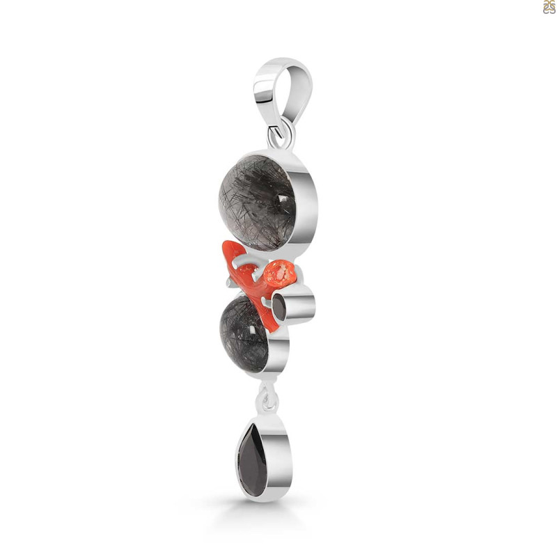 Red Coral/Black Rutile/Black Spinel Pendant-2SP COR-1-123