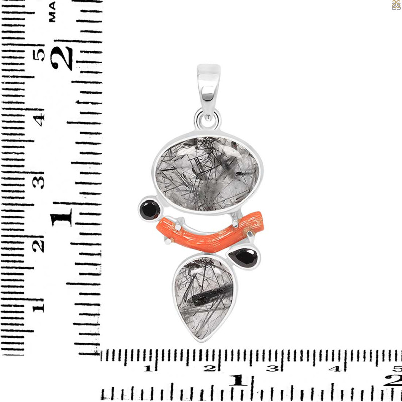 Red Coral/Black Rutile/Black Spinel Pendant-2SP COR-1-128