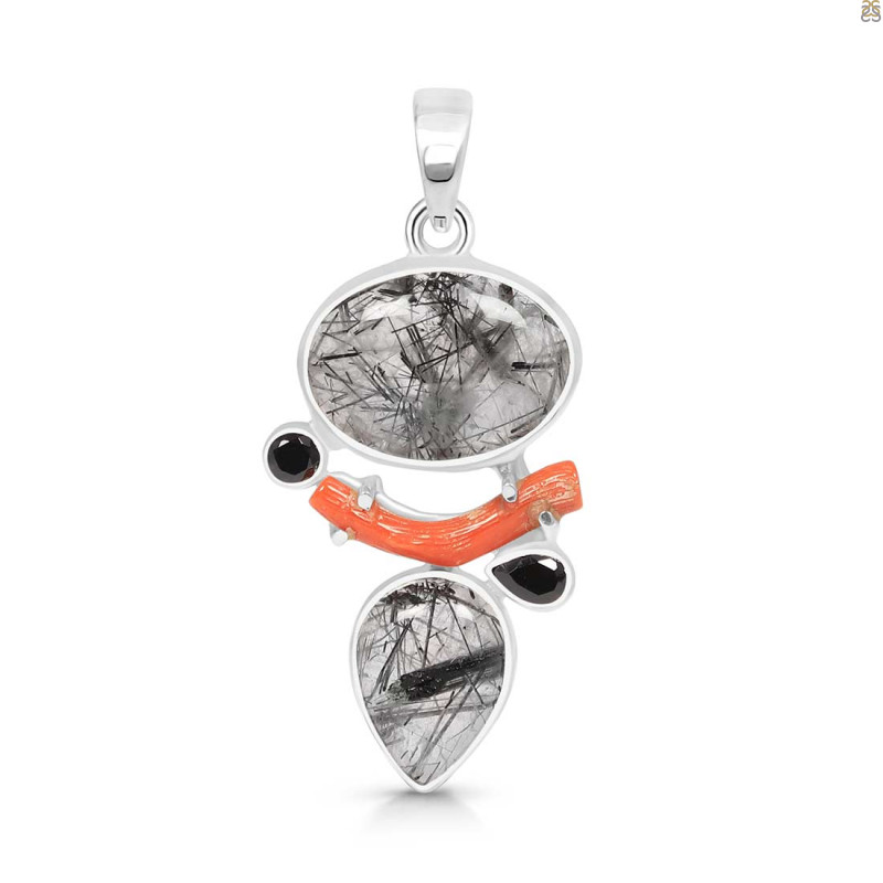 Red Coral/Black Rutile/Black Spinel Pendant-2SP COR-1-128