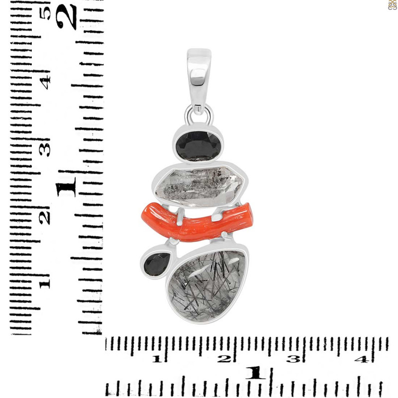 Red Coral/Black Rutile/Herkimer Diamond/Black Spinel Pendant-2SP COR-1-236