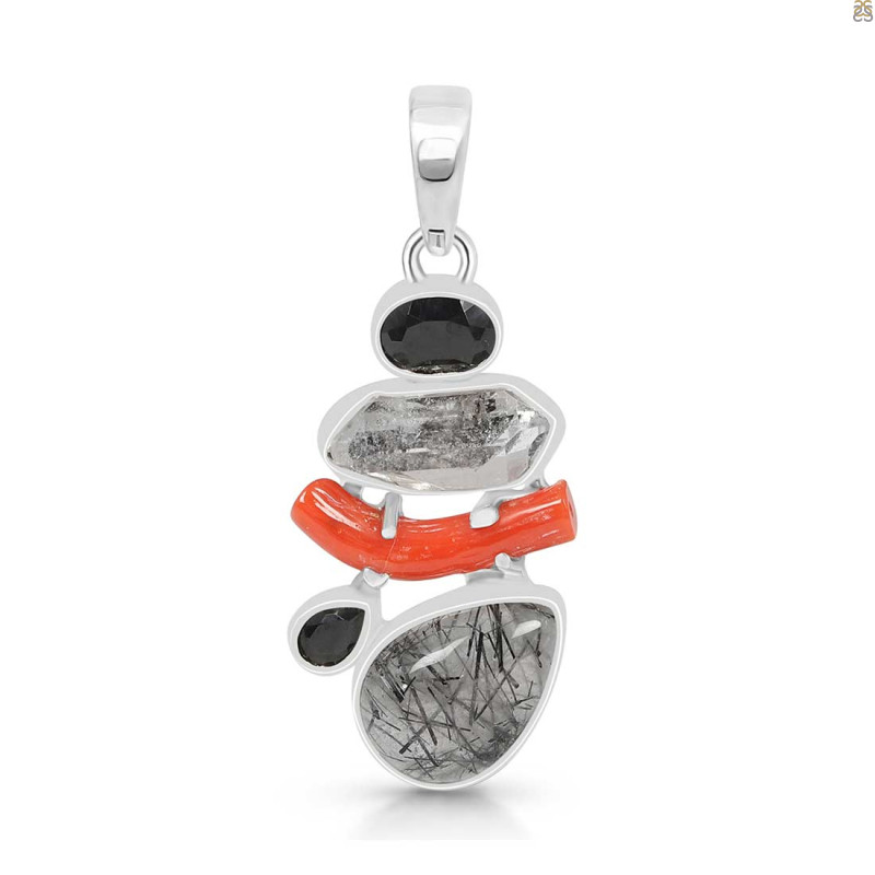 Red Coral/Black Rutile/Herkimer Diamond/Black Spinel Pendant-2SP COR-1-236