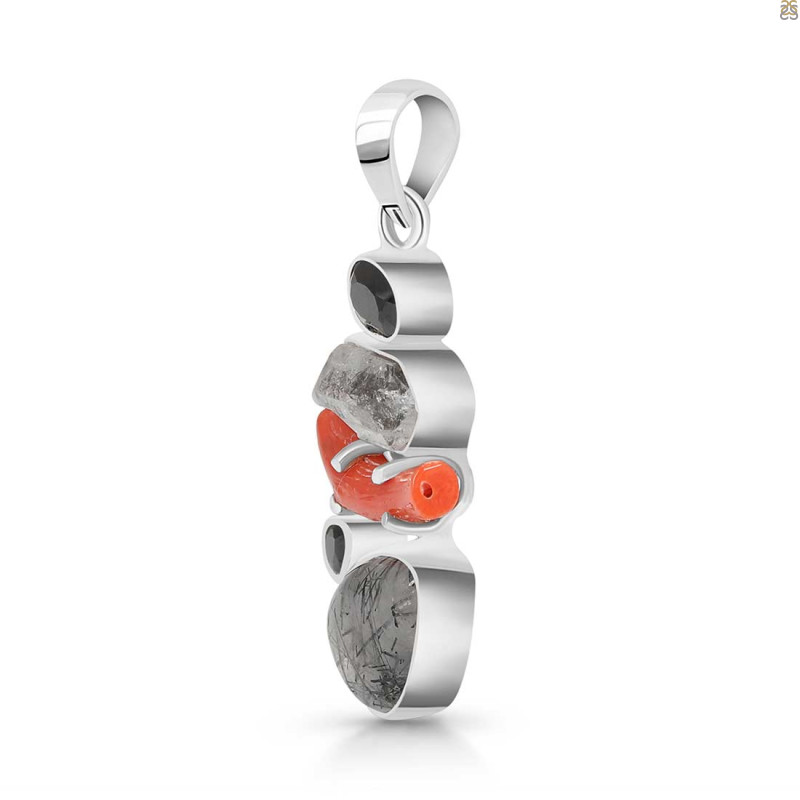 Red Coral/Black Rutile/Herkimer Diamond/Black Spinel Pendant-2SP COR-1-236