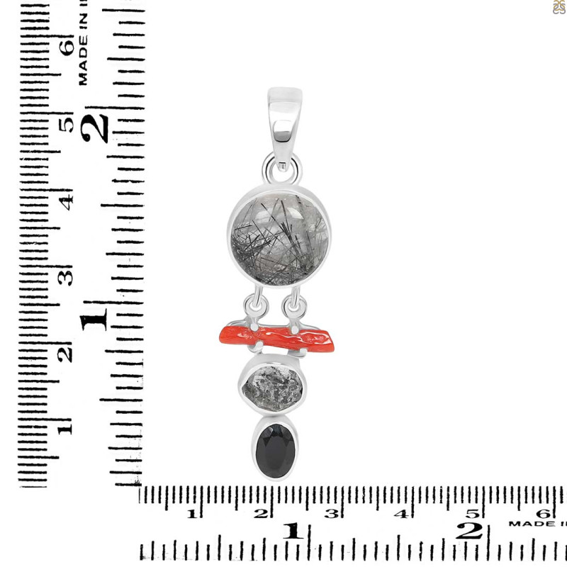 Red Coral/Black Rutile/Herkimer Diamond/Black Spinel Pendant-2SP COR-1-241