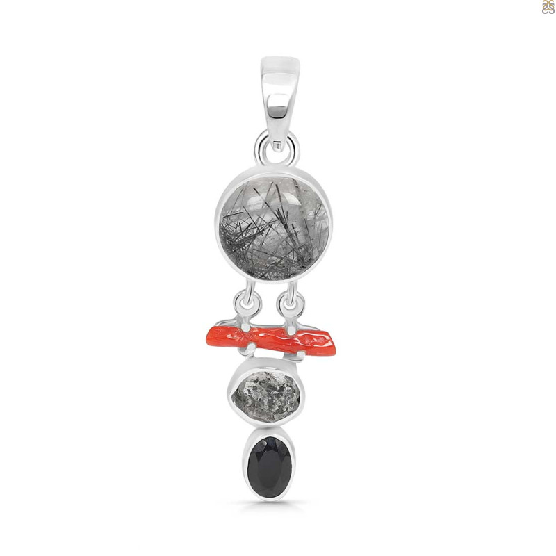 Red Coral/Black Rutile/Herkimer Diamond/Black Spinel Pendant-2SP COR-1-241