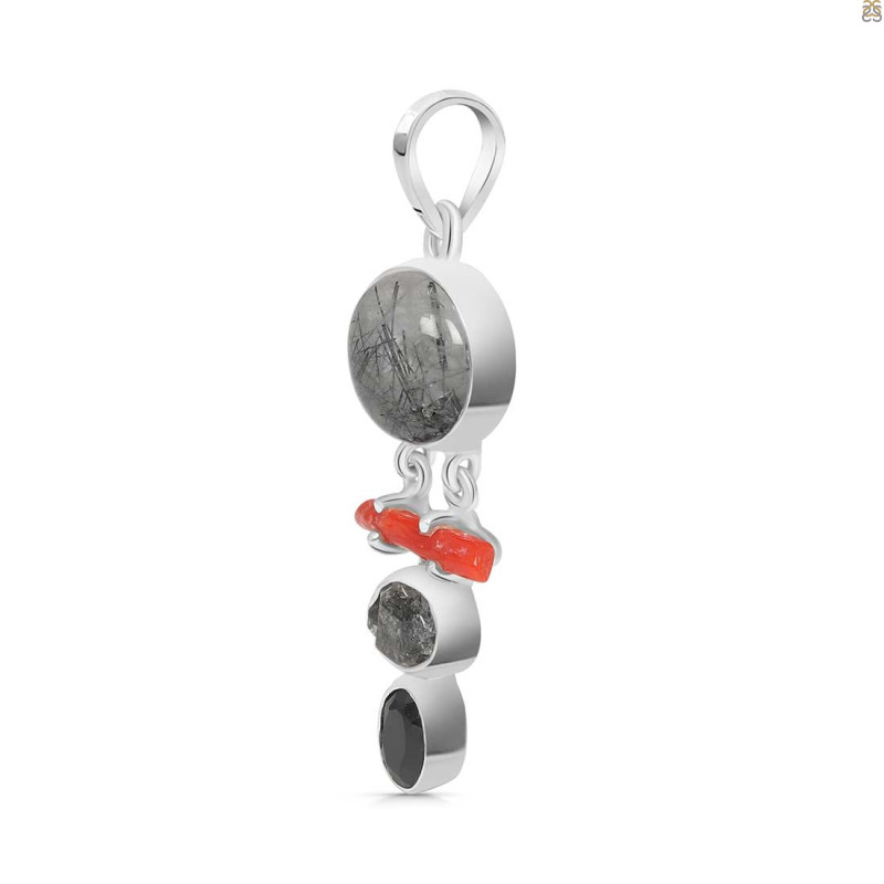 Red Coral/Black Rutile/Herkimer Diamond/Black Spinel Pendant-2SP COR-1-241