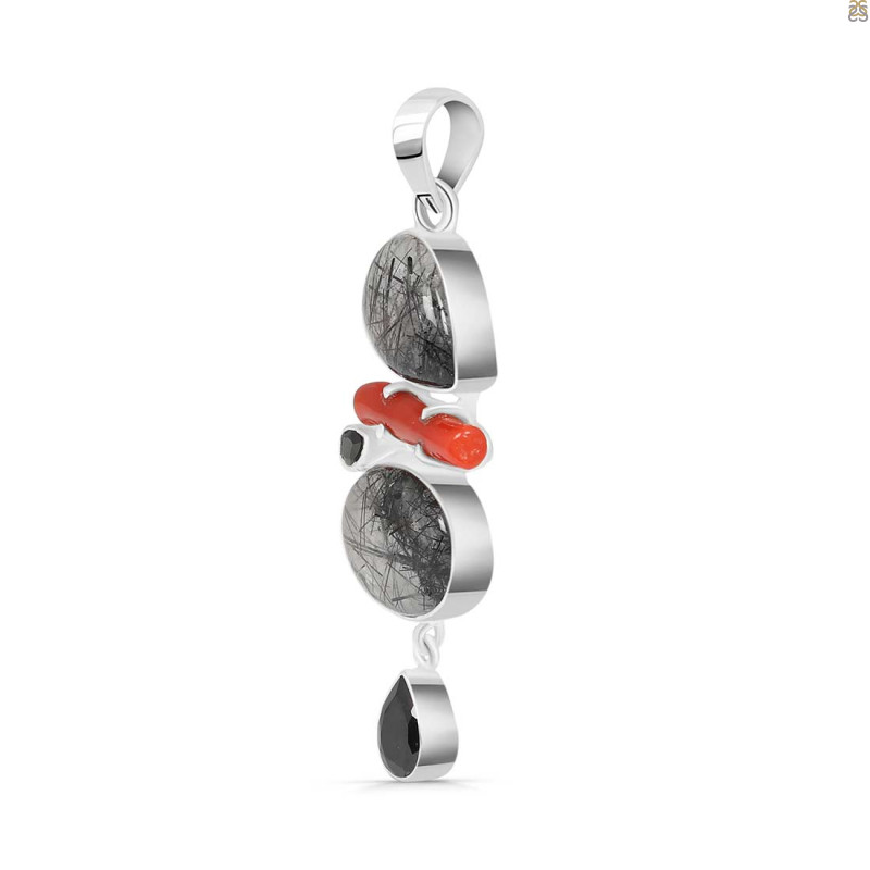 Red Coral/Black Rutile/Herkimer Diamond/Black Spinel Pendant-2SP