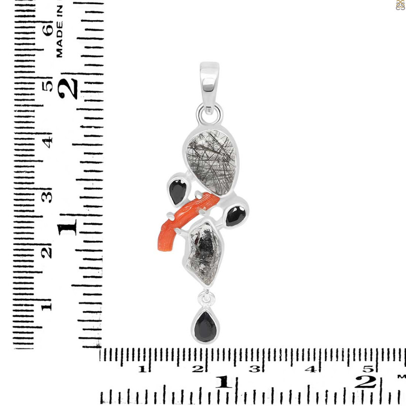 Red Coral/Black Rutile/Herkimer Diamond/Black Spinel Pendant-2SP COR-1-244