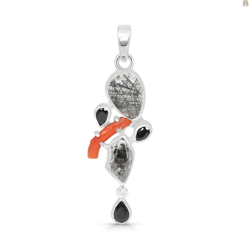 Red Coral/Black Rutile/Herkimer Diamond/Black Spinel Pendant-2SP COR-1-244