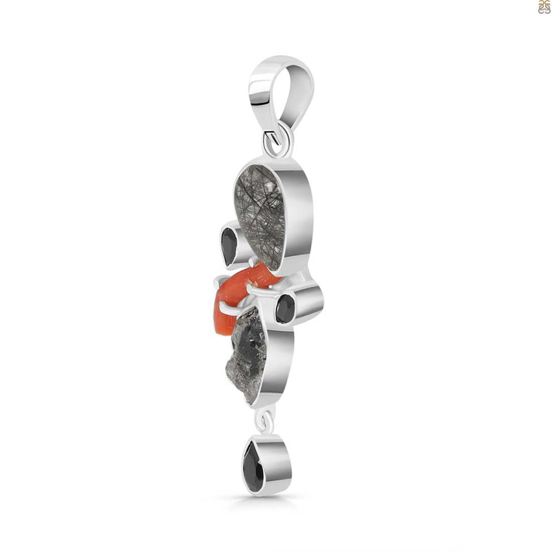 Red Coral/Black Rutile/Herkimer Diamond/Black Spinel Pendant-2SP COR-1-244