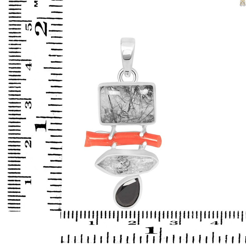 Red Coral/Black Rutile/Herkimer Diamond/Black Spinel Pendant-2SP COR-1-247