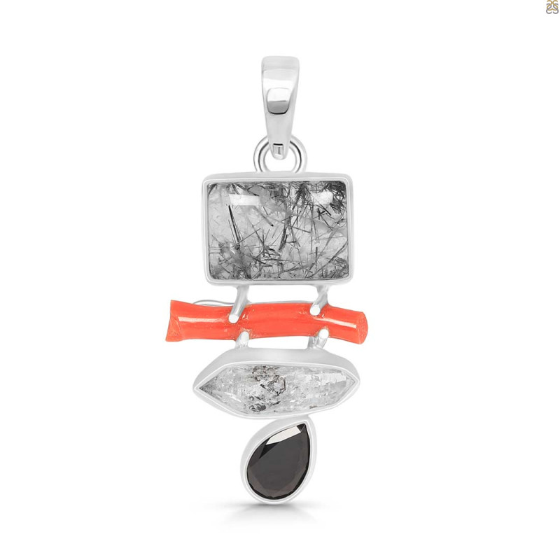 Red Coral/Black Rutile/Herkimer Diamond/Black Spinel Pendant-2SP COR-1-247