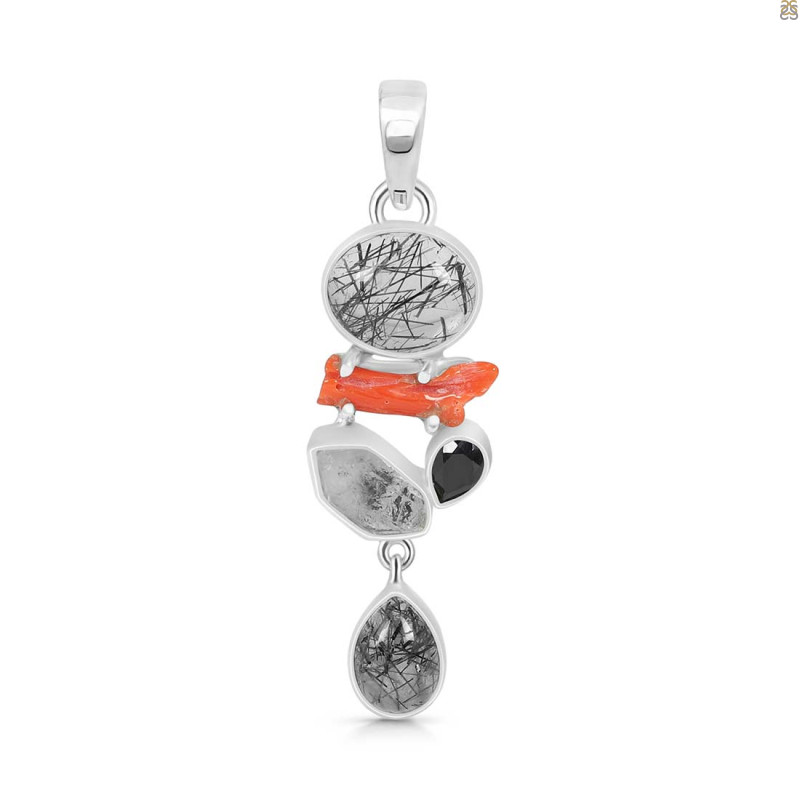 Red Coral/Black Rutile/Herkimer Diamond/Black Spinel Pendant-2SP COR-1-248
