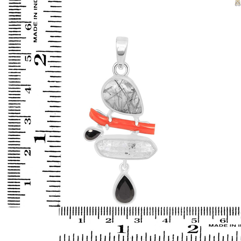 Red Coral/Black Rutile/Herkimer Diamond/Black Spinel Pendant-2SP COR-1-255