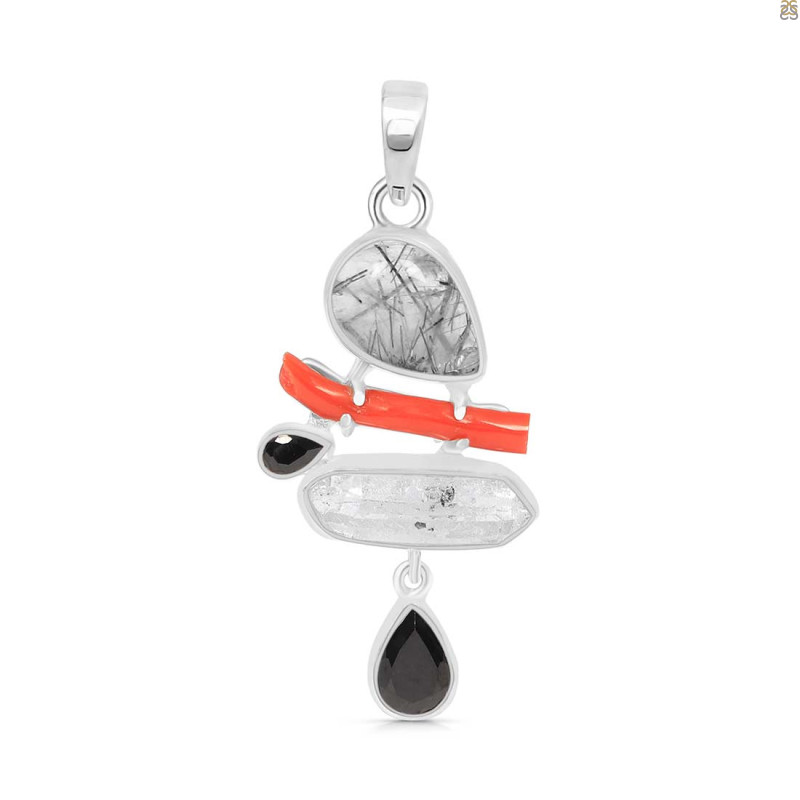 Red Coral/Black Rutile/Herkimer Diamond/Black Spinel Pendant-2SP COR-1-255