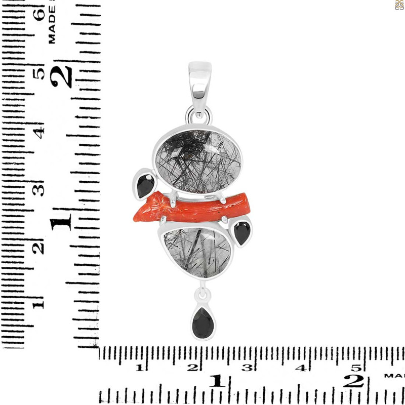 Red Coral/Black Rutile/Black Spinel Pendant-2SP COR-1-276