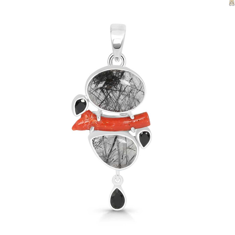 Red Coral/Black Rutile/Black Spinel Pendant-2SP COR-1-276