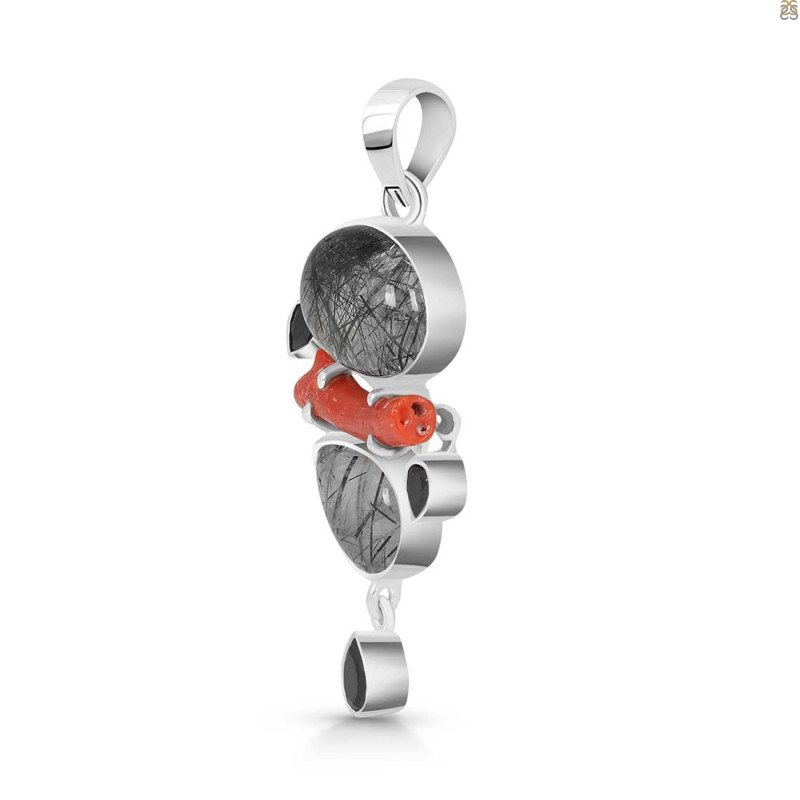 Red Coral/Black Rutile/Black Spinel Pendant-2SP COR-1-276